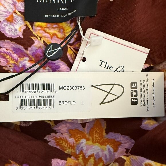 MINKPINK Giselle Belted Floral Mini Dress Women's Large Brown Puff Sleeve NWT - Picture 14 of 16